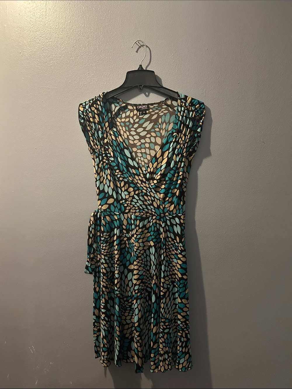 XOXO Teal, Cream & Black Printed Wrap Midi Dress